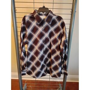 Eighty Eight Mens XXL Brown Blue Diagonal Plaid Cotton Button Down Shirt Long Sl